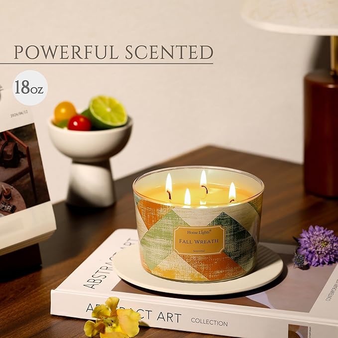 HomeLights Soy Wax Candles for Home Scented, 4-Wick Candles in Fall Wreath Scented, Rustic Modern Aromatherapy Candles Gift for Parties, Relaxing, 18oz - Bloomnest