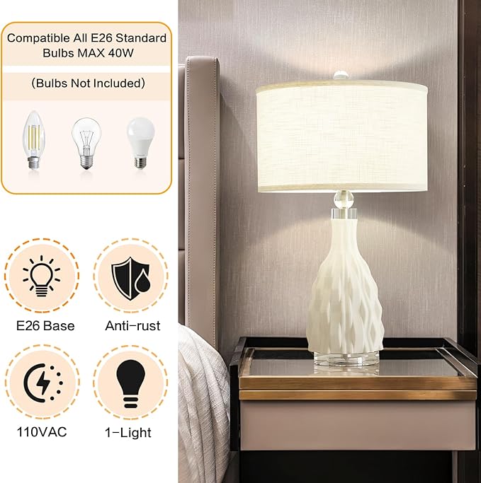 Modern White Textured Ceramic Table Lamps 22.5In, Plug in Table Lamp Decor for Office Living Room Bedroom Bedside Nightstand - Bloomnest