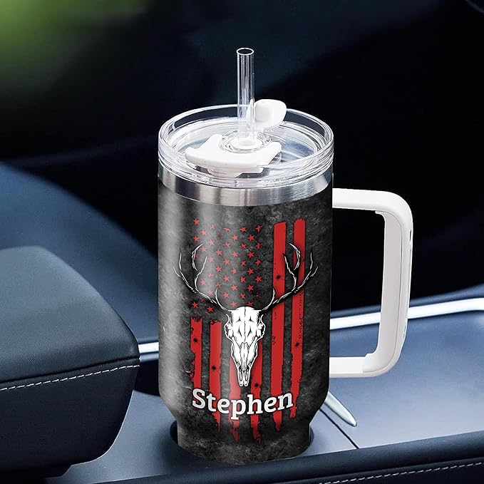 WAZONE Personalized Hunting American Flag 40oz Tumbler with Handle and Straw Stainless Steel Travel Coffee Cup I'D Rather Be Hunting Gift for Boyfriend Husband Dad On Birthday Christmas - Bloomnest