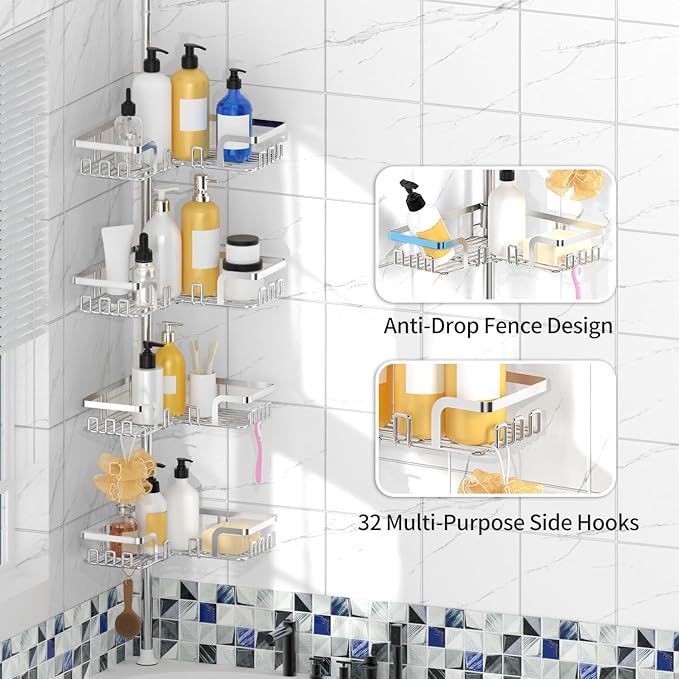 KEGII Adjustable Shower Caddy Corner Tension Pole, Rustproof Shower Rod Organizer with Hooks, Floor to Ceiling Tension Rod 25-114.2 Inch, Bathtub Storage Organizer for Shampoo, 4-Tier Silver - Bloomnest
