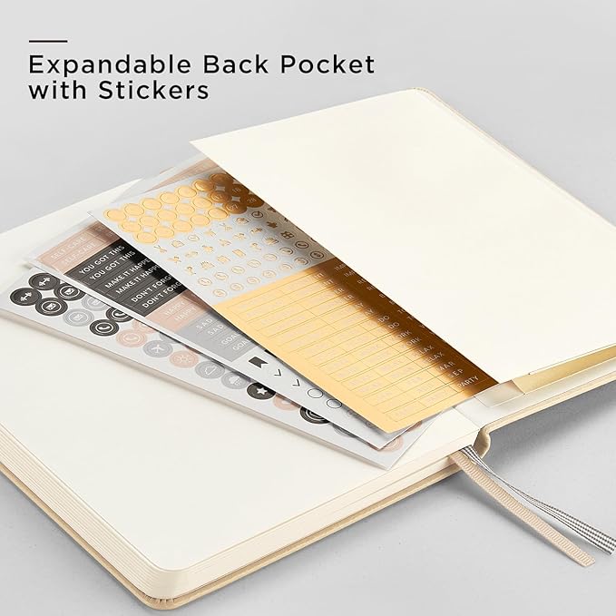 &And Per Se Dotted Journal Notebook (5 Packs), A5 Hardcover Leather Dotted Journal, 160 Pages 100 gsm Thick Paper, 3 Sheets of Stickers Included- 5.7'' x 8'' (Light Apricot - Bloomnest