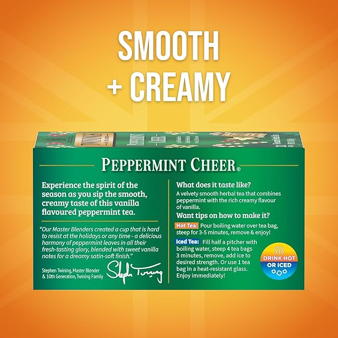 Twinings Peppermint Cheer Herbal Tea Individually Wrapped Bags, 20 Count (Pack of 1), Peppermint & Vanilla, Naturally Caffeine-Free, Enjoy Hot or Iced, 20 Teabags - Bloomnest