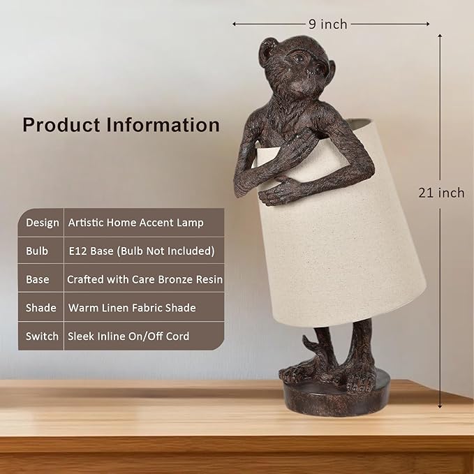 Crestview Collection Monkey Table Lamp – Bronze Resin Animal Lamp, Retro Rustic Art Deco Farmhouse Desk Lamp with Linen Shade for Bedroom, Living Room, Bedside, Nightstand or Small Space - Bloomnest