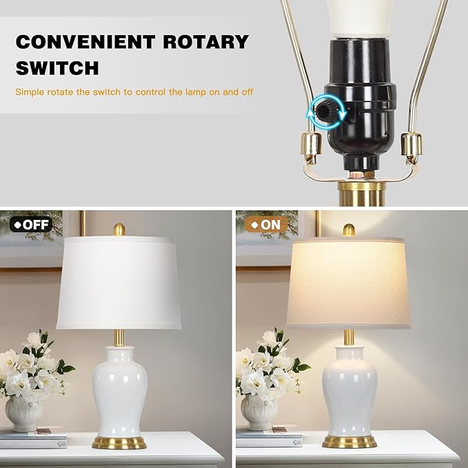 White Ceramic Table Lamps Set of 2, 23" Modern Ceramic Bedside Lamps with Ginger Jar Design, Farmhouse Lamp for Living Room End Table, Elegant Bedroom Lamp for Nightstand Desk Side Home Decor - Bloomnest