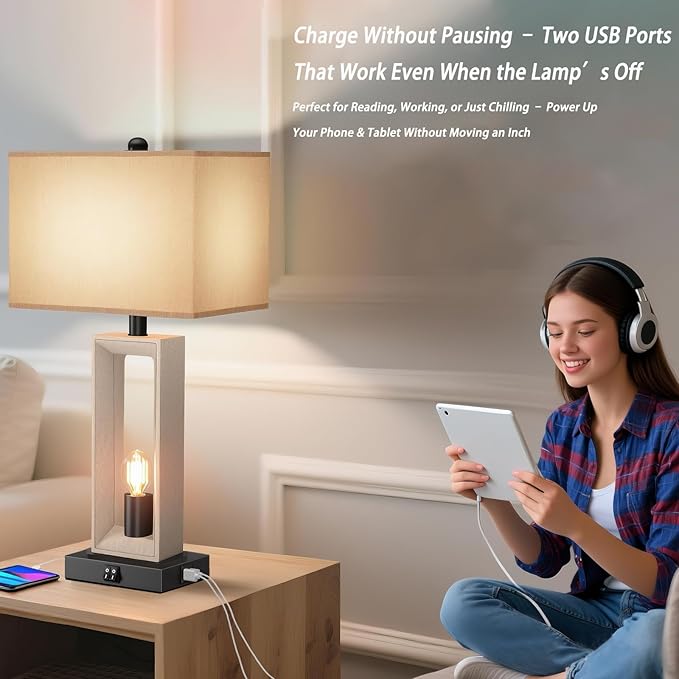 Set of 2 & 25" Retro Vintage Farmhouse Table Lamps for Living Room Bedroom Nightstands Decor Lamps with USB A+C Port , 3-way Dimmable Bedside Lamps included 4 LED Bulbs for End Table Entryway - Bloomnest