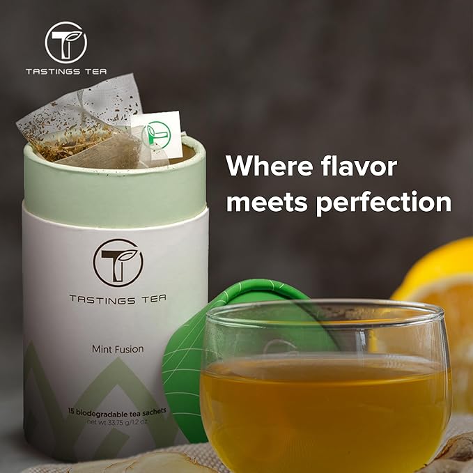 Tastings Tea Mint Fusion - 15 Biodegradable Sachets | Spearmint & Peppermint with Black Tea & Lemongrass Blend | Natural Pyramid Bags - Bloomnest