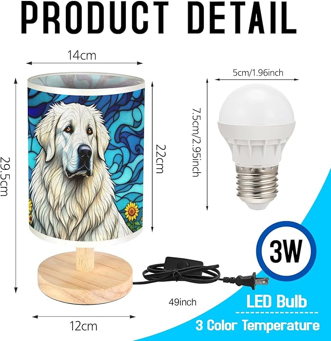 Great Pyrenees Table Lamp LED 3-Color Pressed Bedside, Dog Shade Lamp with Wood Base for Bedroom Living Room Desk Office - Bloomnest