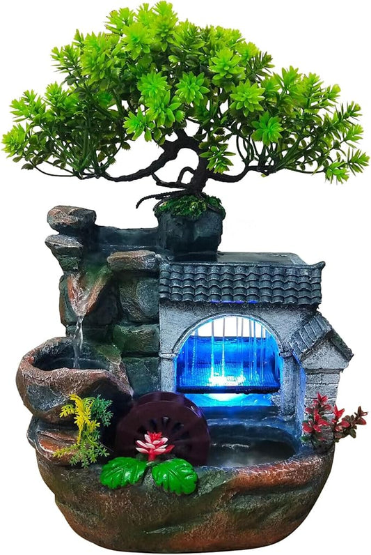 11" Desktop Fountain Rock Waterfall Humidifier with Artificial Tree &LED Light, Tabletop Water Fountains Indoor Fake Plant Bonsai Tree Feng Shui Decoration for Aquariums Office Bedroom Home Décor - Bloomnest