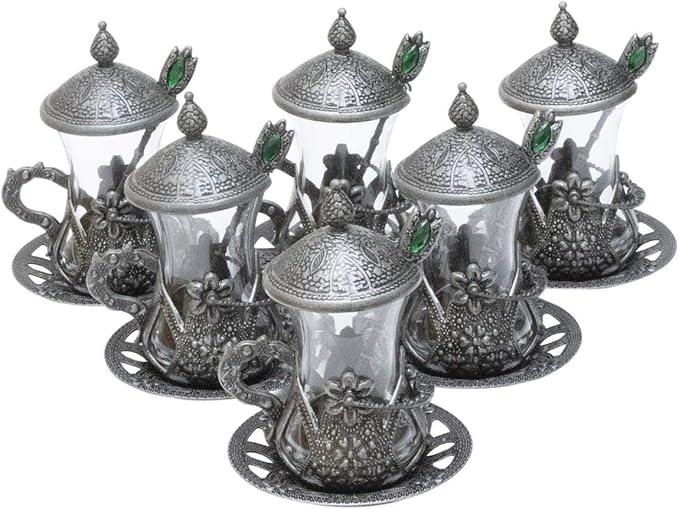 Alisveristime Handmade Turkish Tea Glass Set - Traditional Turkish Motifs, Set of 6 with Lids and Bonus Tea Spoons (Autentic Black)