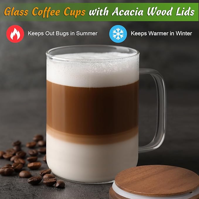 DRASTAR Glass Coffee Cups, 20 oz Large Coffee Mugs, Flat Bottomed Cups with Acacia Wood Lid, Glass Tea Cup with Handle, ClearTea Cup Set of 2 - Bloomnest