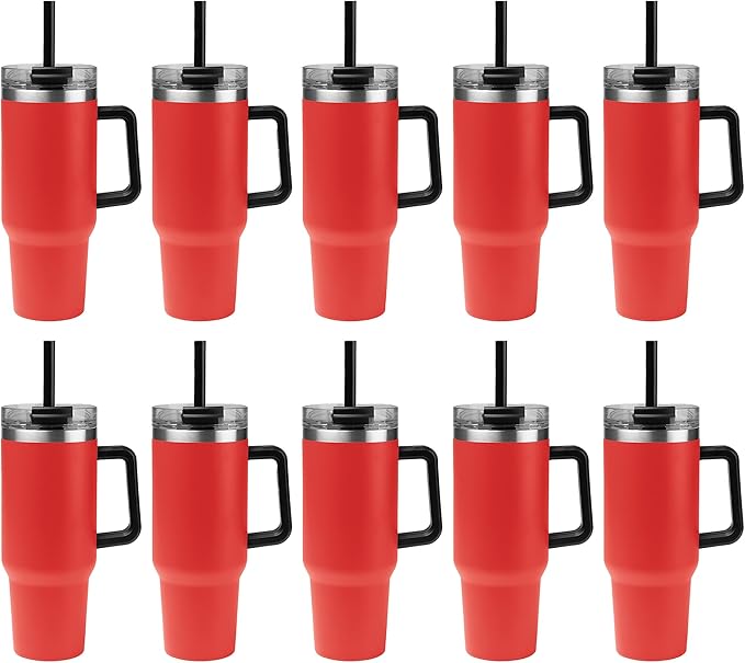 10 Ct of 40 Oz Intrepid Stainless Steel Tumbler with Lid, Straw & Handle – Red – Customizable Insulated Cups for Water, Coffee, Hot & Iced Drinks – Great for DIY, Events, Work - Bloomnest
