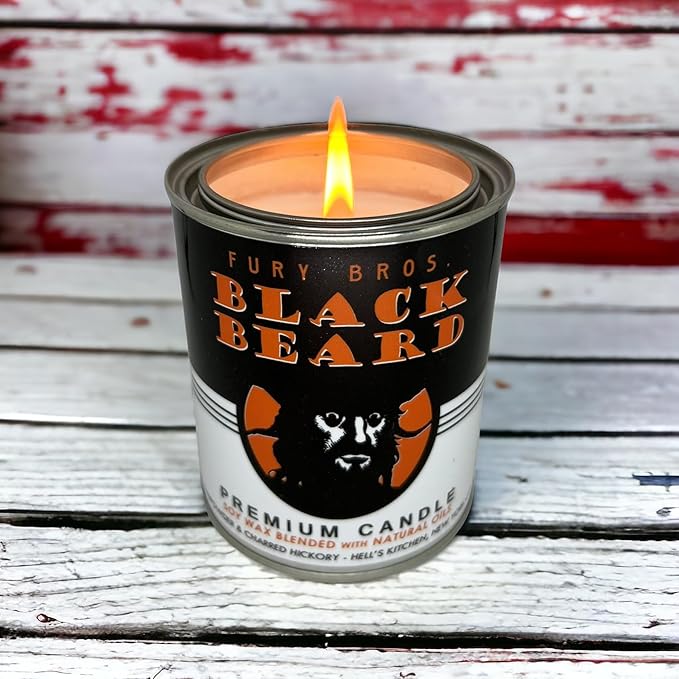 Fury Bros. Scented Candles for Men | Black Beard | Gunpowder & Charred Hickory | Natural Soy Wax | Hand-Poured in the USA | Long 70-80 Hour Burn (12.5 oz) | Vintage-inspired Tin Design | Dad Home Gift - Bloomnest