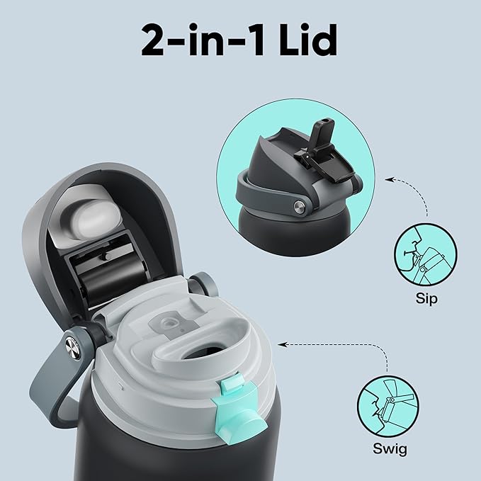 Insulated Water Bottle with Straw - Encool Stainless Steel Water Bottle with Push Button Lid, Leak-Proof & BPA-Free, Keeps Cold for 24 Hours for Sports, Travel, Gym (32 oz, Tuna Grey-Green) ENCOOL