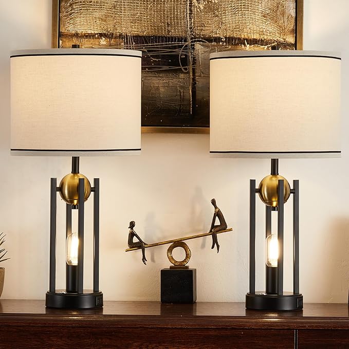 25'' Farmhouse Table Lamps for Living Room Set of 2 with USB C+A Ports, Vintage Bedside Lamp for Bedroom, Touch Lamps for Nightstand, Dual Lights Independent Switch, 4 Bulbs Included, Gold - Bloomnest