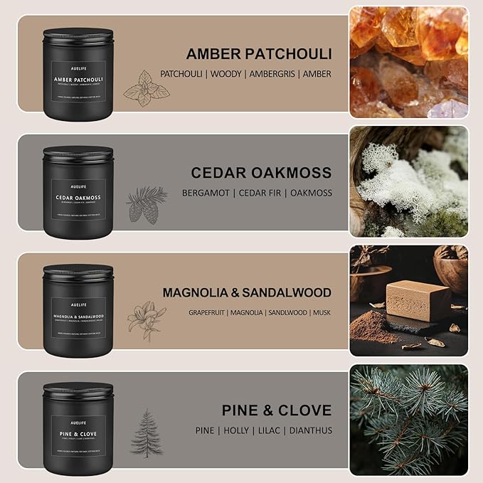 Winter Candle Gift Set for Men – 4 Pack Soy Candles with Cedar Oakmoss, Pine & Clove, Amber Patchouli, Sandalwood – Masculine Scented Candles for Home, Christmas Gift Set for Dad Fathers Day - Bloomnest