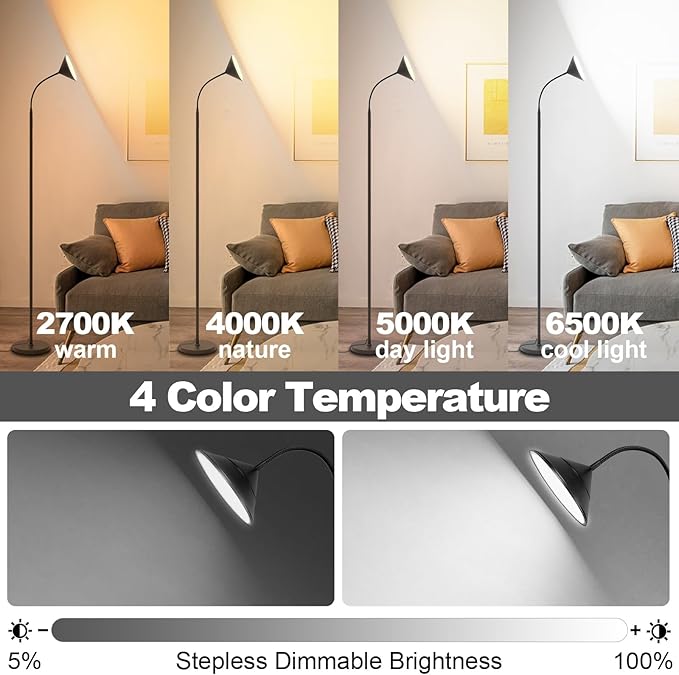 76" LED Floor Lamp, 18W/1800LM Super Bright Reading Standing Lamp,Stepless Dimmable&Adjustable Color Temperature 2700K-6500K w/Remote& Touch Control Lamps for Living Room Bedroom Office Black - Bloomnest