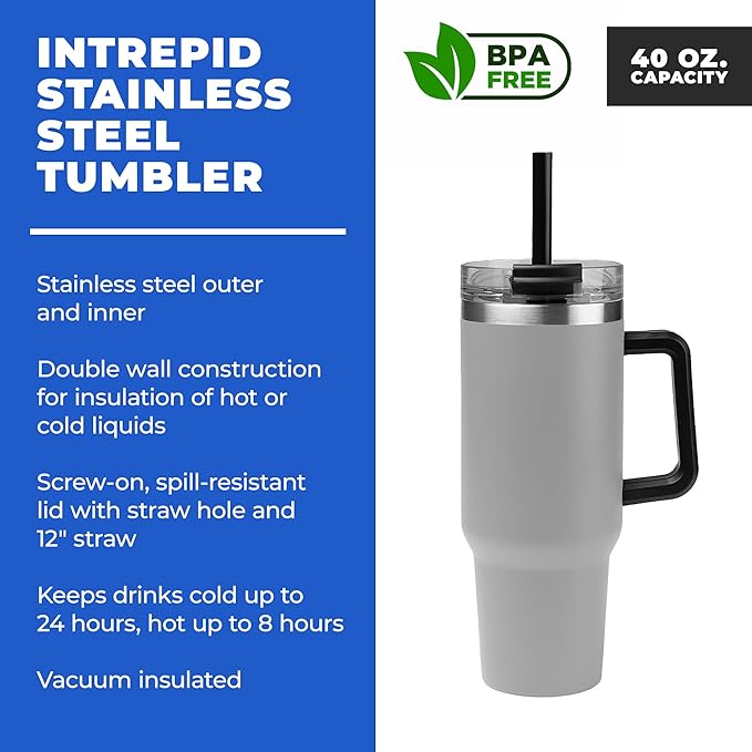 10 Ct of 40 Oz Intrepid Stainless Steel Tumbler with Lid, Straw & Handle – Gray – Customizable Insulated Cups for Water, Coffee, Hot & Iced Drinks – Great for DIY, Events, Work - Bloomnest