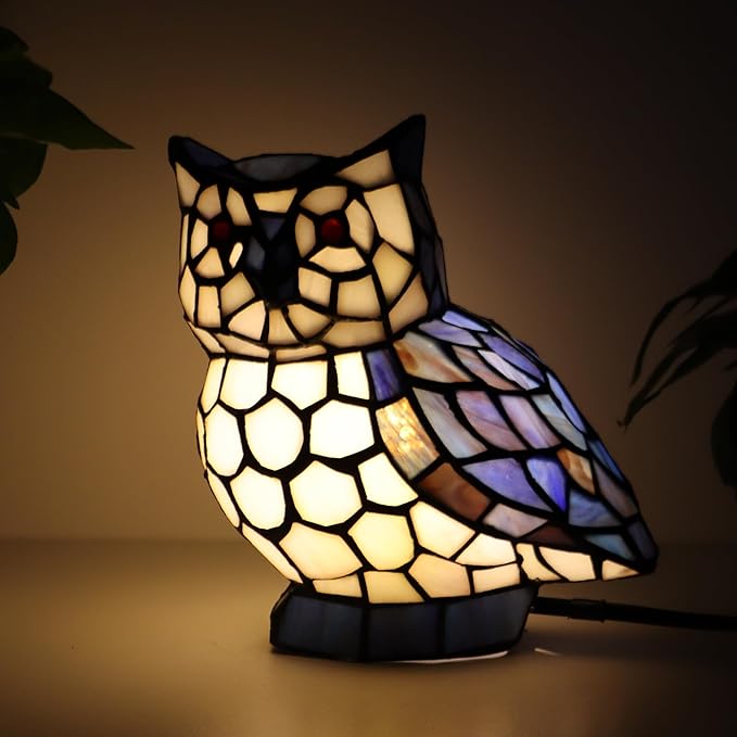 Tiffany Owl Lamp Blue and White Stained Glass Animal Table Lamp Accent Lamp - Bloomnest