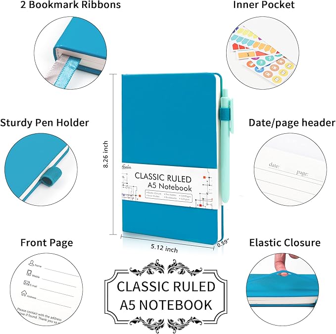 feela 24 Pack Journal Notebook Bulk for Work, Business Notebook Hardcover Lined Writing Journal with Pen Holder for Men Women Note Taking, with 24 Black Pens, 120 GSM, 5.1”x8.3”, A5, Teal - Bloomnest