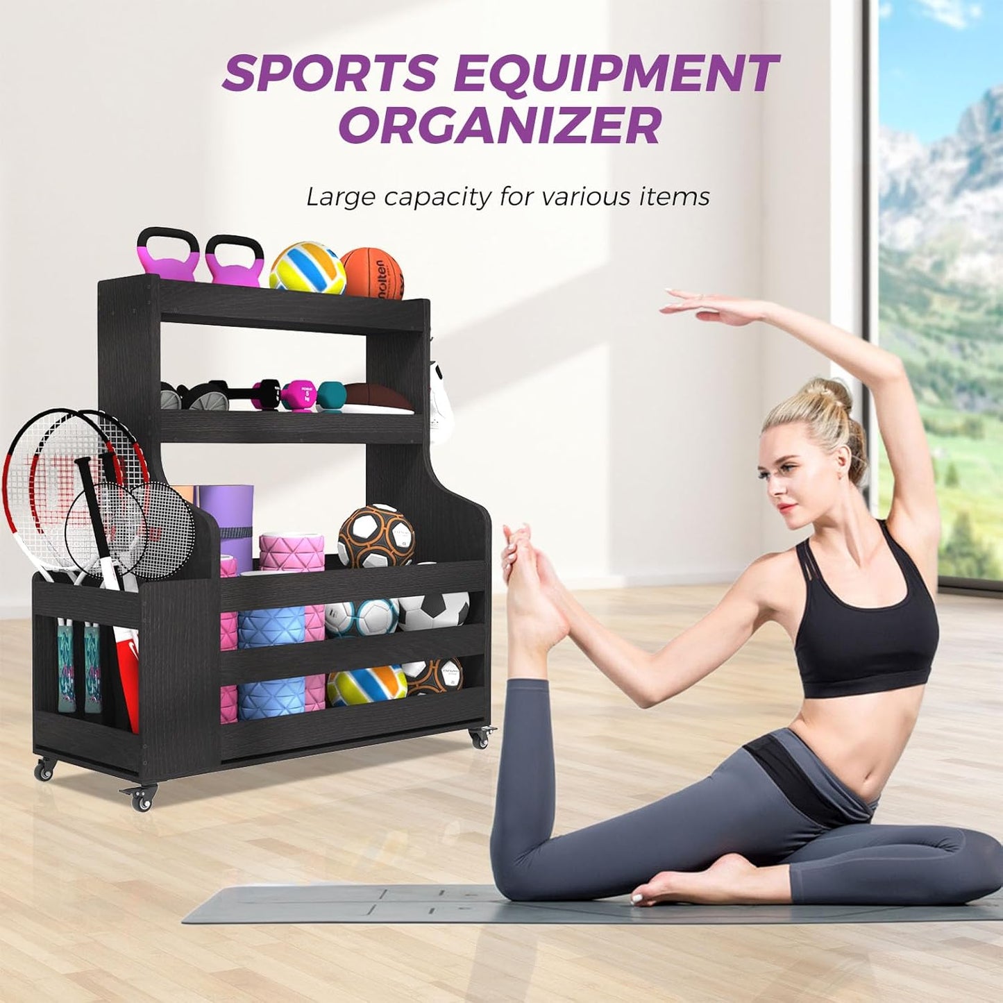 Weight Rack for Dumbbells, Home Gym Organizer Rack Yoga Mat Holder with Wheels and Hooks, All in One Workout Storage for Yoga Mat, Foam Roller, Gym Storage Storage for Home Exercise(Wood)