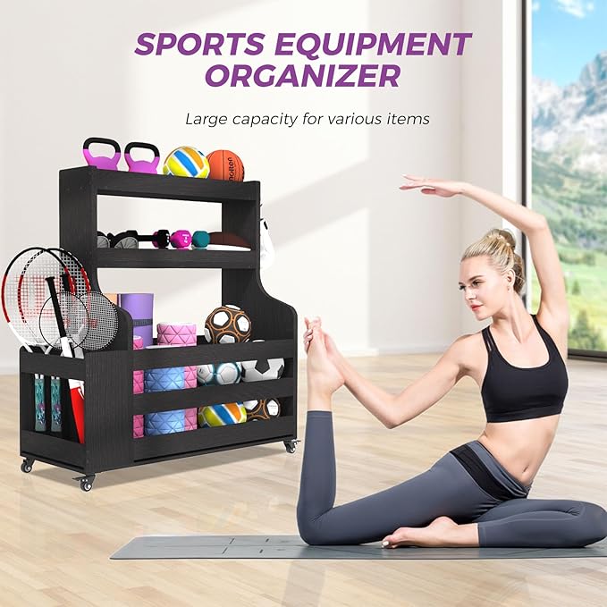 Weight Rack for Dumbbells, Home Gym Organizer Rack Yoga Mat Holder with Wheels and Hooks, All in One Workout Storage for Yoga Mat, Foam Roller, Gym Storage Storage for Home Exercise(Wood) - Bloomnest
