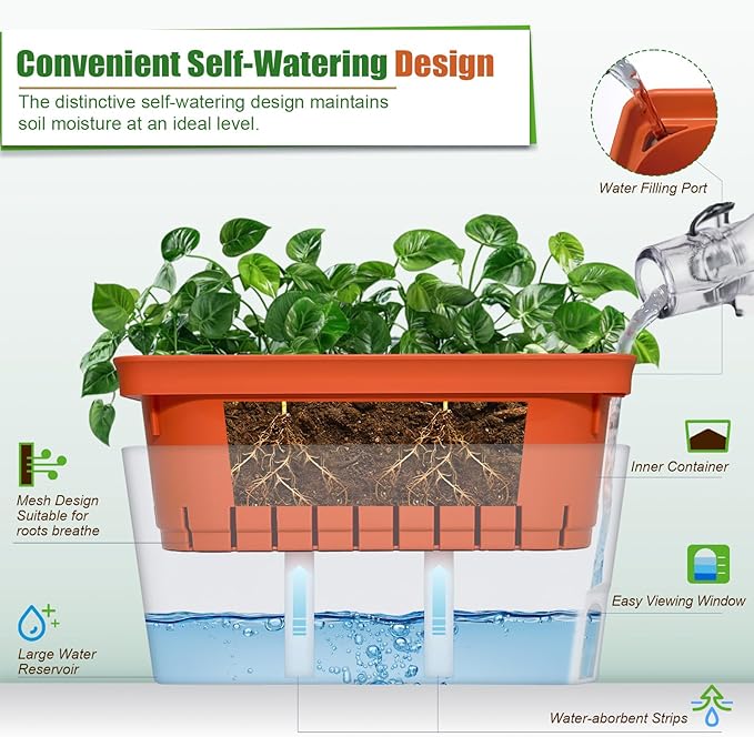 OurWarm Windowsill Herb Planter Box, Set of 3 Self Watering Plant Pots, 10.5 Inch Rectangular Planter Pot, Decorative Garden Flower Pots for Indoor Plants, Herbs, Vegetables, Flowers (3 Colors) - Bloomnest