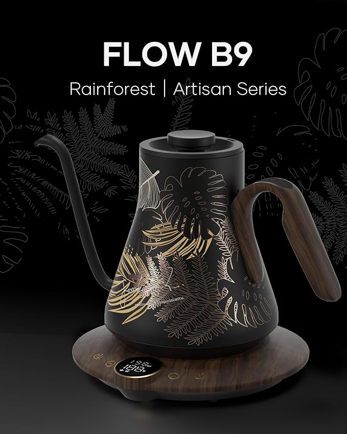Cocinare FLOW B9 Gooseneck Electric Kettle, Precise Temperature Control for Pour-Over Coffee & Tea Brewing, Stainless Steel Interior, Rapid Heating for Boiling Water 0.9L (Rainforest) - Bloomnest
