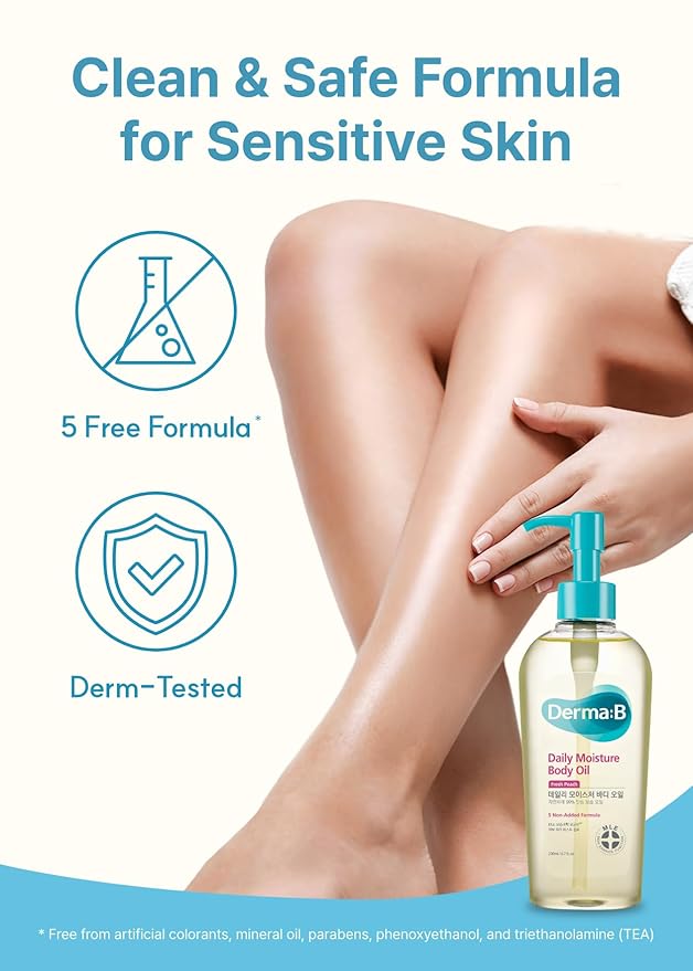 Derma B | Daily Moisture Body Oil | 99% Natural Argan & Sweet Almond Oil | Shower Oil for Dry Sensitive Skin | Light & Long-Lasting Hydration | Skin Body Care Oil with Peach Scent | 6.78 fl oz (200ml) - Bloomnest