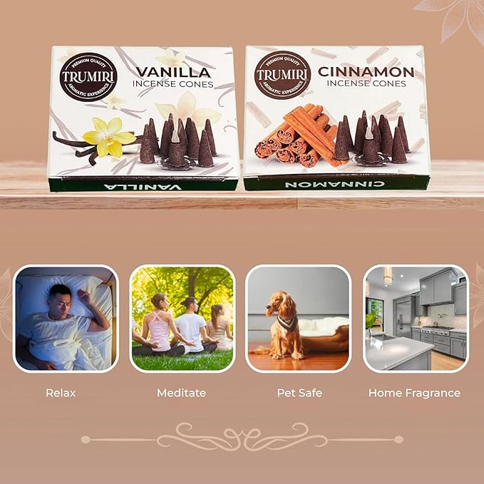 TRUMIRI Incense Cones - Combo Pack of 20 Cone Incense - 10 Vanilla + 10 Cinnamon TRUMIRI