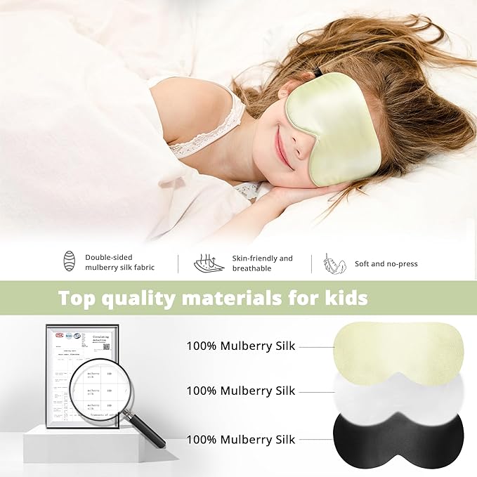 Kids Sleep Mask Eye Cover, 100% Real Natural Pure Silk Eye Mask with Adjustable Strap, Blindfold Kids Eye Mask for Sleeping, Eye Shade for Boys Girls and Adult, Pressure-Free Comfort (Light Green) - Bloomnest