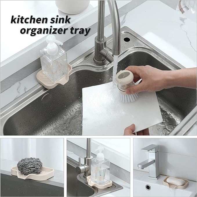 Silicone Bathroom Soap Dishes with Drain Spout-Bathroom and Kitchen Sink Organizer,Sponge Holder,Dish Soap Tray,Perfect for Dispenser,Scrubber,Bottle,Cup on Sink or Counter-Tapioca 4.9"×3.2" - Bloomnest