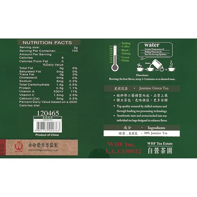Wing Hop Fung Jasmine Green Tea Fresh Sealed Premium Natural Leaves Individually Wrapped 100 Tea Bags Perfect for Hot or Iced Tea - Bloomnest