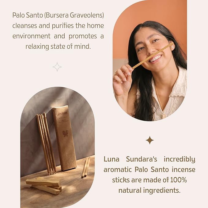 Luna Sundara Palo Santo Incense Sticks, Hand Rolled in Peru, 100% Natural Palo Santo Wood, Long Burning Incense, 6 Sticks LunaSundara