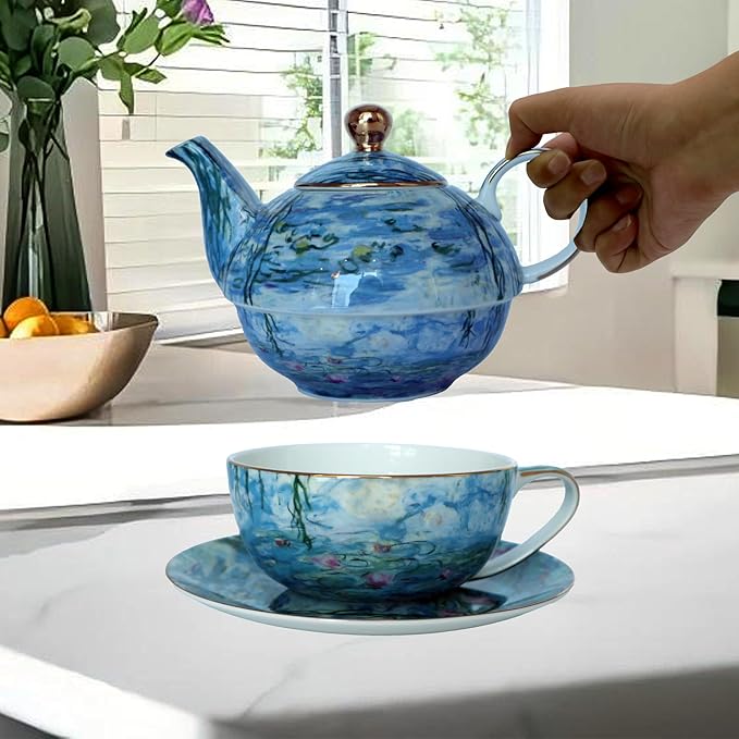 Porcelain 13 OZ Tea for One Teapot and Cup Set Vintage Floral Ceramic Tea Set European Style Tea pot and Saucer Set (Water Lily) - Bloomnest