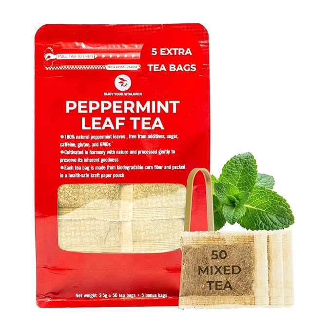 INJOY YOUR VITALGRI:N Peppermint Tea Bags - 55 Count (+5 Tea Bags) Bamboo Tong Included - 5.96 oz, Re-Steep Herbal Tea, Cool Fresh Breath, Warm Heat, Stomach Relief, Relax, Digestive Support, Mint - Bloomnest