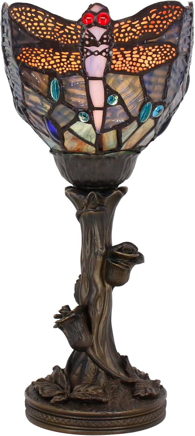 Small Tiffany Lamp Mini Stained Glass Table Lamp Blue Dragonfly Accent Desk Uplight W6 H13.5 Inch Bronze Resin Base - Bloomnest