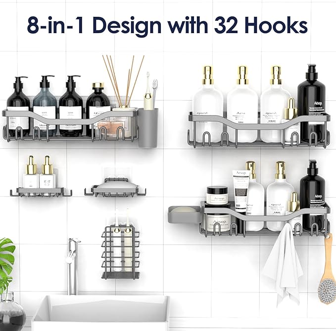 Shower Caddy Adhesive Shower Organizer 8-Pack, Rustproof Stainless Steel Bathroom Shelves, Large Capacity No-Drill Rack Storage Accessories with Soap Dish Toothbrush Holder Hooks - Bloomnest