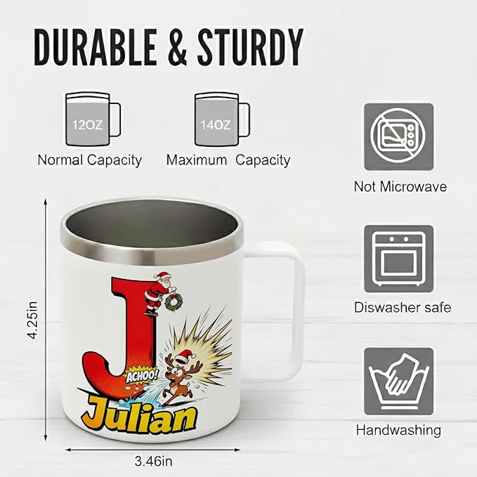 Personalized Christmas Mug with Name Initial - Funny Comic Santa & Sneezing Reindeer 12oz Insulated Stainless Steel Coffee Cup with Handle & Lid - Unique Xmas Holiday Gifts for Kids, Boys, Men (B153) - Bloomnest
