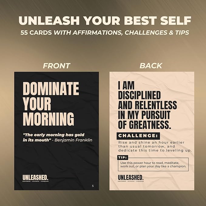 Daily Affirmation Cards to Unleash Your Best Self - 55 Cards with Empowering Quotes, Challenges & Practical Tips | Personal Growth Gift Idea for Driven Men & Women for Birthday, New Job, Christmas - Bloomnest