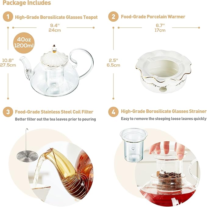 DUJUST Blooming Tea Pot Set, Luxury British Design with Relief Decor & Gold Trims, Hand-Crafted Clear Teapot with Warmer, 40oz Glass Teapot with Infuser, Stove-Safe Tea Party Gift & Home Décor - Bloomnest