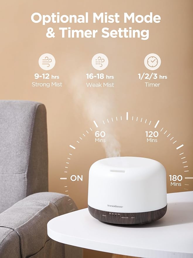 InnoGear 500ml Essential Oil Diffuser with Remote Control, Premium Ultrasonic Aromatherapy Diffusers Scent Humidifier Vaporizer Auto-Off Timer for Large Room Home, Brown - Bloomnest