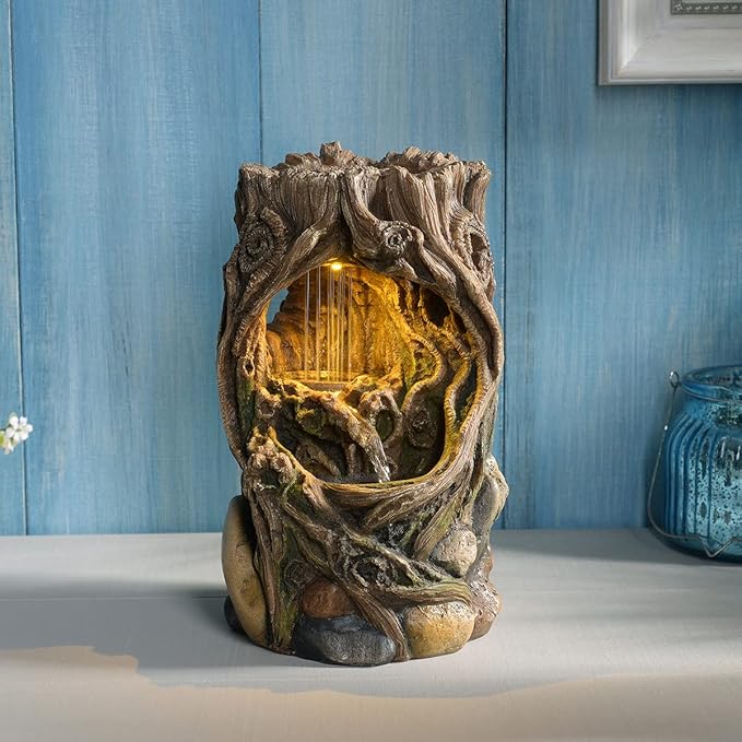GOSSI Indoor Fountain Beautiful Stump Water Fountain Relaxation Raindrop Fountains Meditation Desk Fountain Artistic Waterfall Fountains Home/Office Decor(22013) - Bloomnest