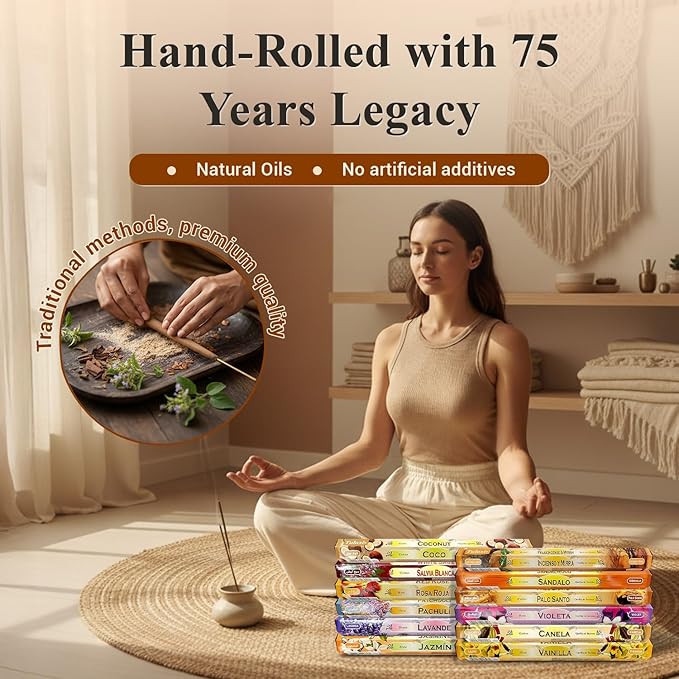 Tulasi Incense Sticks Pack of 12 Natural Scent (240 Sticks) Variety Fragrance of Coconut, White Sage, Red Rose, Palo Santo Lavender & Cinnamon etc, Ideal for Meditation & Positive Vibes Tulasi