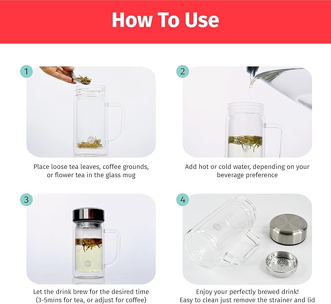 Custom 13oz/380ml Glass Infuser Tea Tumbler w/Handle, Durable Double-Walled Borosilicate Glass for Loose Leaf Tea & Coffee,304 Stainless Steel Lid & Strainer,Heat Resistant & Leak-Proof - Bloomnest