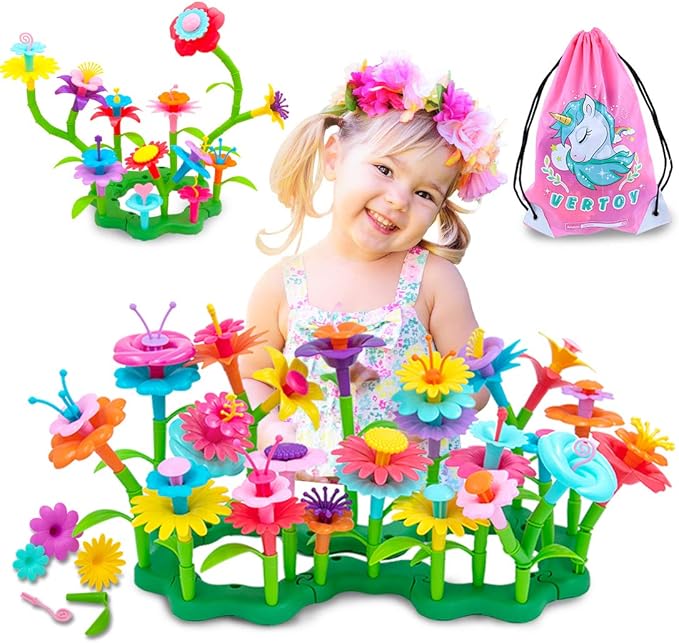 VERTOY Gifts for 3 4 5 6 Year Old Girls, Flower Garden Building Toys Set for Toddlers, STEM Preschool Activities and Gardening Pretend Playset, Stacking Game for Age 3+ Little Kids - Bloomnest