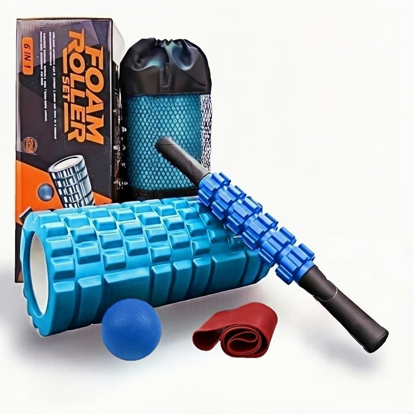 5 in 1 Foam Roller Set Includes Hollow Core Massage Roller, Yoga Stick, Massage Ball, Fitness Stretching Strap, Massage Roller, Carrying Bag, Towel (Blue)