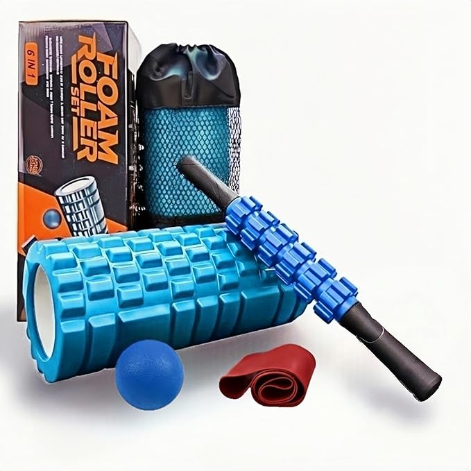5 in 1 Foam Roller Set Includes Hollow Core Massage Roller, Yoga Stick, Massage Ball, Fitness Stretching Strap, Massage Roller, Carrying Bag, Towel (Blue) - Bloomnest
