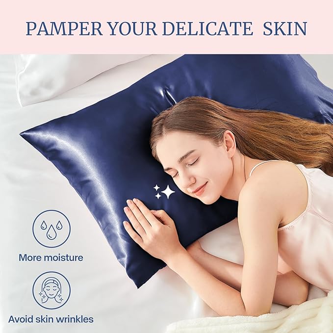 BEDELITE Satin Pillowcase for Hair and Skin, Super Soft and Cooling Similar to Silk Pillow Cases 2 Pack with Envelope Closure, Gift for Women Men(20"x30" Queen Size, Navy) - Bloomnest