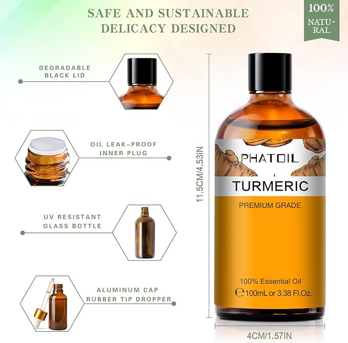 Turmeric 3.38fl.oz Essential Oil, PHATOIL Pure Aromatherapy Oils for Diffuser, Humidifier, Perfect for DIY Soap, Candle, Bath Bombs Making(100ml) - Bloomnest