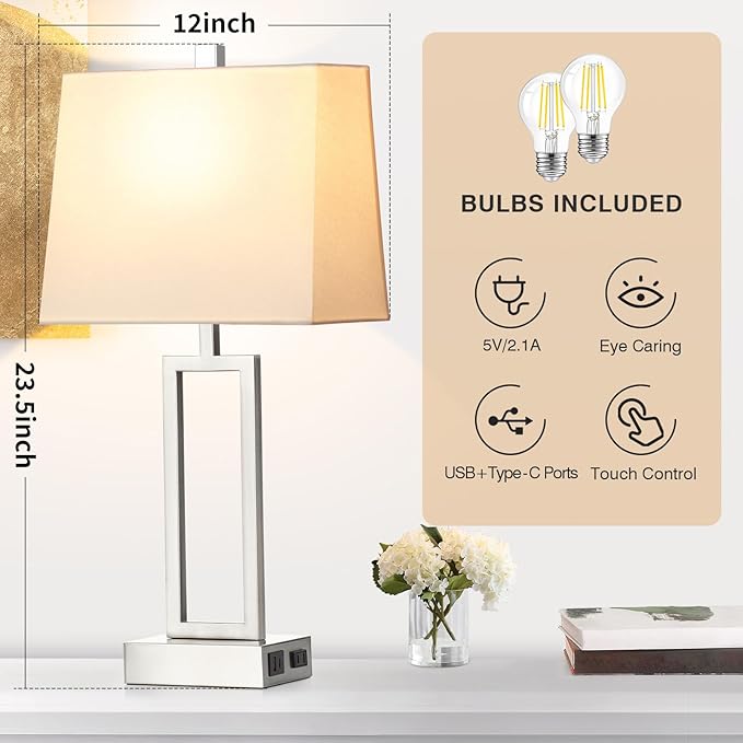 Touch Control Table Lamps for Living Room, 3-Way Dimmable Modern Table Lamp with USB A+C Charging Ports & AC Outlets, Bedside Contemporary Nightstand Desk Lamps with Fabric White Shade for Bedrooms - Bloomnest
